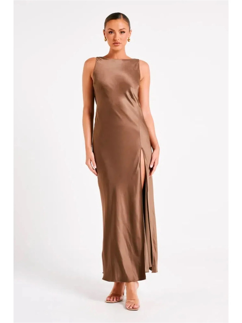 Meshki Chocolate Brown Satin Maxi Dress with Side Slit